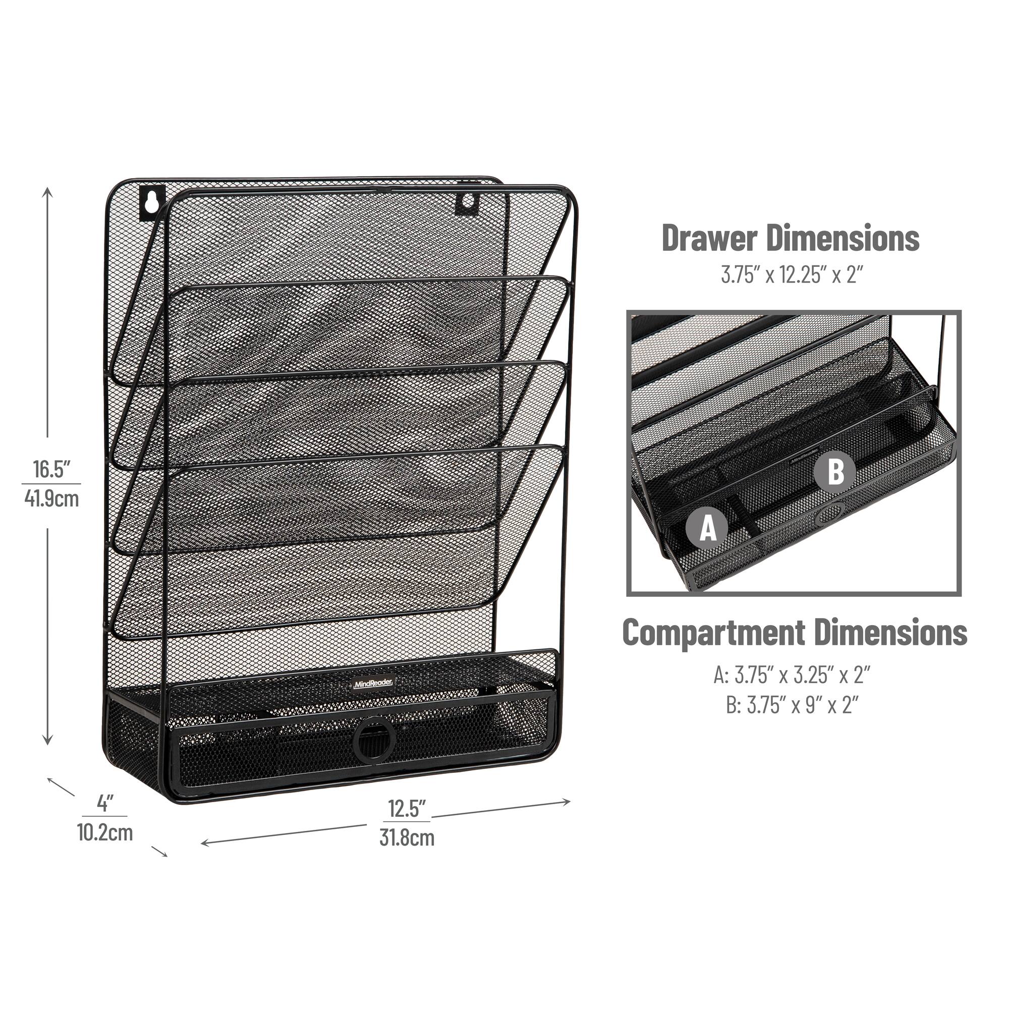 Mind Reader 4-Tier Vertical File Storage, Desktop Organizer, Wall Mount, Office, Metal Mesh, Black